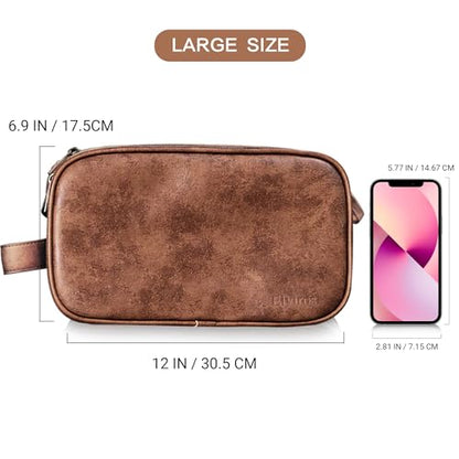 Elviros Toiletry Bag for Men, PU Leather Travel Dopp Kit, 2 Pack Gift Set - color: Dark Brown, size: 2 Piece