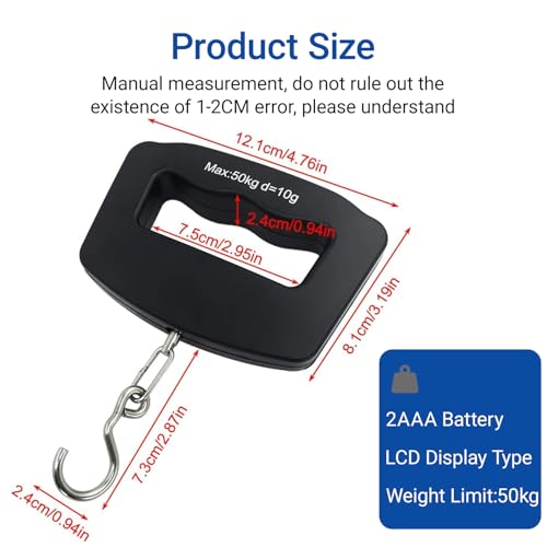 Digital Luggage Scale 50kg 10g Precision with LCD Display, Portable Hanging Hook for Travel, Home Kitchen and Fishing, Black