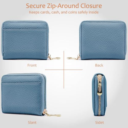 Small Leather Travel Wallet for Women, RFID Blocking Zip Around - color: Navy Blue
