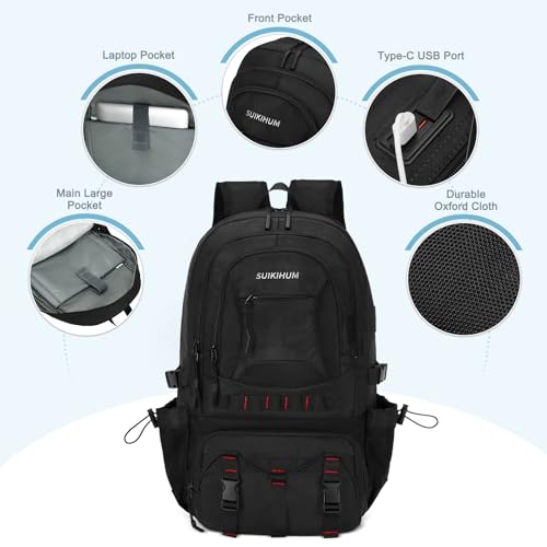 Hiking Daypack Camping Expandable Travel Backpack Men Women 50L - color: Black, size: Large