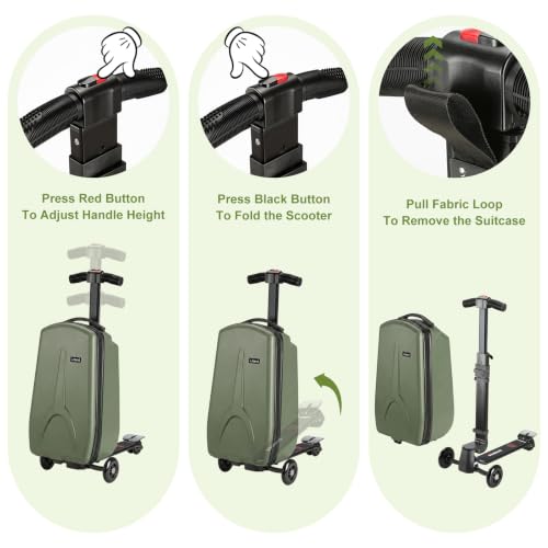 Scooter Luggage for Kids Removable & Foldable Ride on Suitcase-Green - color: Olive Green