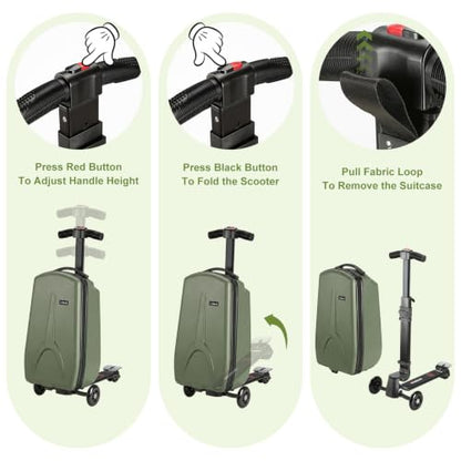 Scooter Luggage for Kids Removable & Foldable Ride on Suitcase-Green - color: Olive Green