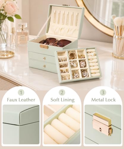 Homde Small Jewelry Box for Girls: 3-Layer Lockable Organizer (Sage Green) - color: Sage Green