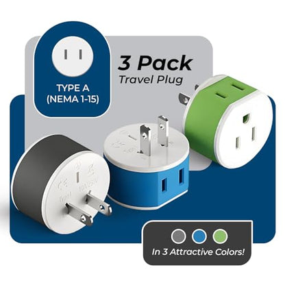OREI Japan, Philippines Power Plug Adapter with 2 USA Inputs - Travel 3 Pack - Type A (US-6) Safe Use with Cell Phones, Laptop, Camera Chargers, CPAP, and More - style: Type A-Japan Philiipines