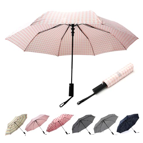 Nollia Compact Travel Umbrella with Auto Open – Windproof Folding Umbrella, Lightweight & Portable for Rain - color: E. Pink Gingham