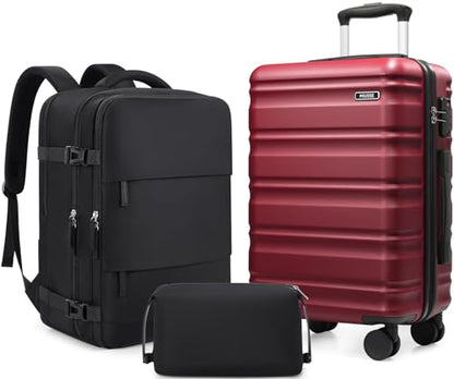 Carry On Luggage 22x14x9 Airline Approved, 3 Piece Set with Backpack - color: Red, size: 3 piece set (20inch)