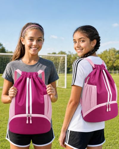 JELUTAR Soccer Bag, Drawstring Soccer Backpack with Shoe Compartment - color: Rose Pink, size: Large