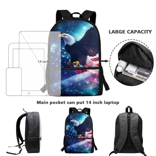 Bald Eagle Kids School Backpack for Boys 5-7 - 4PCS Back to School Set 4th July Design 17 Inch Backpack with Lunch Box for Elementary & Kindergarten Student Lightweight Bookbags - color: Bald Eagle