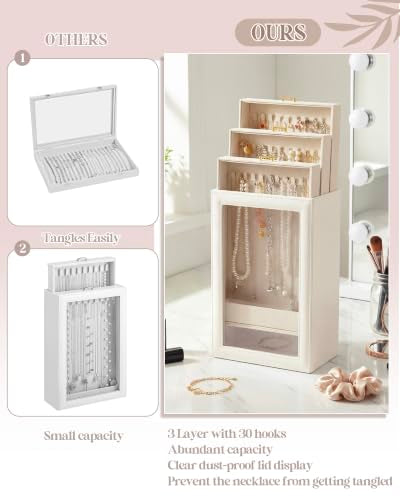 Huquary 3 Layer Vertical Necklace Organizer Box 12.6" x 7.9" x 5", Beige - color: Beige