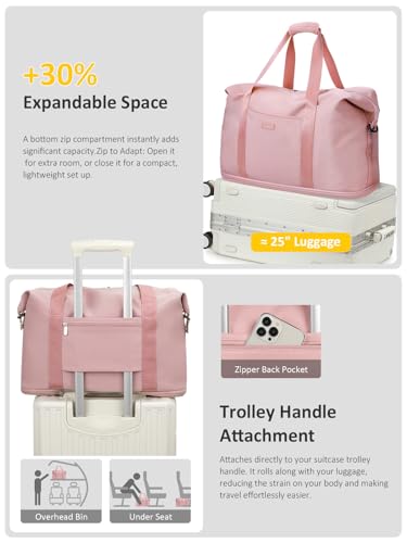 Capolo Expandable Travel Duffle Bag Weekender Overnight Bags for Women Men - color: Pink, size: Large