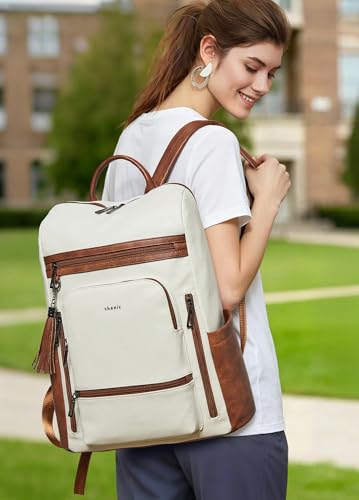 Shrrie Upgraded 17 inch Leather Laptop Backpack for Women - color: Beige With Brown