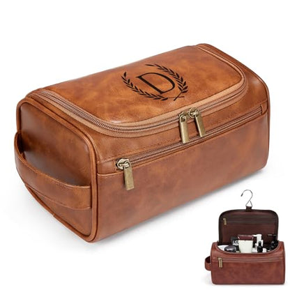 Travel Toiletry Bag Hanging For Mens PU Leather - Yellow Brown (Initial D) - color: Yellow Brown, style: D