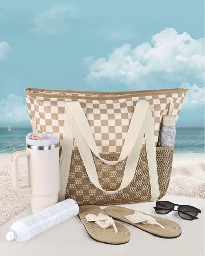 HOMESPON Beach Bag Large Waterproof Sandproof Tote for Women with Zipper and Mesh Pockets - color: Khaki Grid, size: Medium