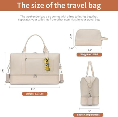 Women's Weekender bag Travel Duffel Bag with Shoe Compartment 21-inch Airline-Approved Carry-On, 2-Piece Overnight Bag Set Personal Item Luggage - color: C-Beige-A