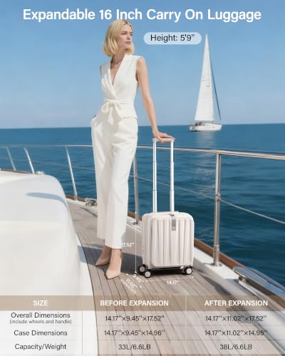 Hanke Top Opening Carry-On - Expandable 16 Inch Airline Approved Spinner - color: Ivory White, size: 16 Inch Expandable