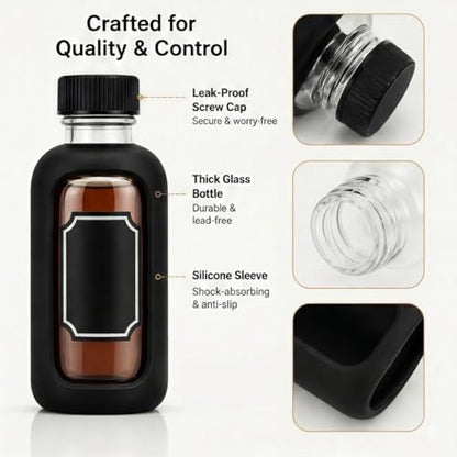3×2oz (60ml) Glass Travel Bottles with Black Silicone Sleeves – Mini Flask Containers for Spirits, Hot Sauce, Oils & Bitters, Includes EVA Case, Funnel & Labels, TSA-Approved Leak-Proof Kit