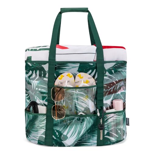 KABAQOO Mesh Beach Bag, Extra Large Beach Bags with 9 Pockets & Zipper Waterproof Lightweight Beach Tote for Beach/Pool Trip - color: Coconut Tree, size: Large