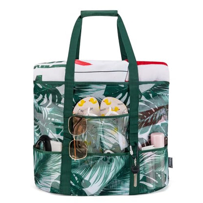 KABAQOO Mesh Beach Bag, Extra Large Beach Bags with 9 Pockets & Zipper Waterproof Lightweight Beach Tote for Beach/Pool Trip - color: Coconut Tree, size: Large