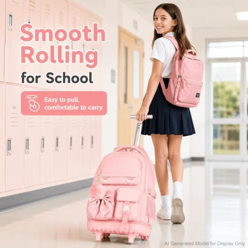 3Pcs Rolling Backpack for Girls Women, School Kids Roller Bookbag with Wheels, Wheeled Backpacks Set for Elementary (Pink) - color: Bow Pink