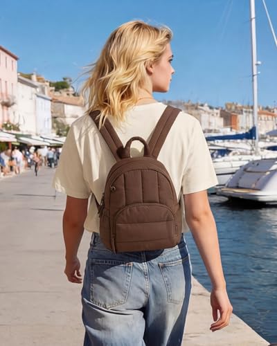 BAGSMART Mini Backpack for Women, Lightweight Puffer Backpack Purse, Quilted Casual Daypack, Water-Resistant Bookbag - color: Brown Checkered