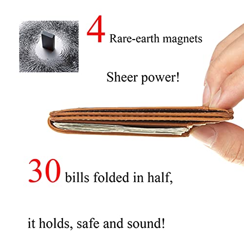 Toughergun Slim Wallet for Men RFID Blocking Money Clip, Minimalist Front Pocket Credit Card Holder, Magnetic Thin Mens Wallets with ID Window - color: Deep Brown