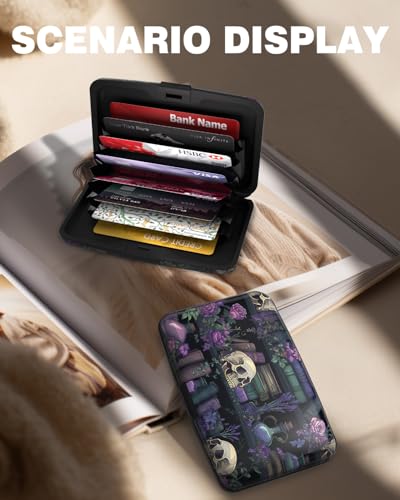Maicican Credit Card Holder, Mini RFID Blocking Aluminum Wallet - color: Purple Flowers and Skulls
