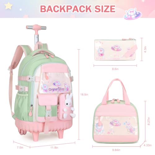 FIXITOK Rolling Backpack for Girls, Kawaii Bunny Roller Wheels School Backpacks with Lunch Bag Pencil case, Wheeled Suitcase Bookbag for Elementary Travel Green - color: Green