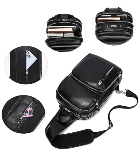 LANNSYNE Full Grain Leather Sling Bag For Men, Crossbody Bag fits 12.9" iPad Crossbody Chest Daypack - color: Black