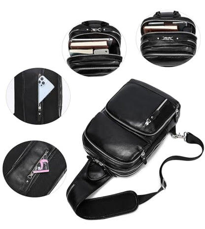 LANNSYNE Full Grain Leather Sling Bag For Men, Crossbody Bag fits 12.9" iPad Crossbody Chest Daypack - color: Black