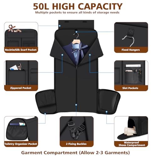 Rolling Garment Bag for Travel, 50L Duffle Bag with Shoe Compartment, 4pcs - color: Black