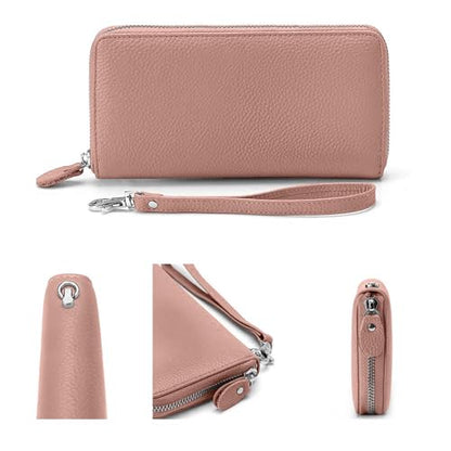 Moflycom Womens Wallet RFID Blocking Genuine Leather Zip Clutch Wristlet - color: Pink