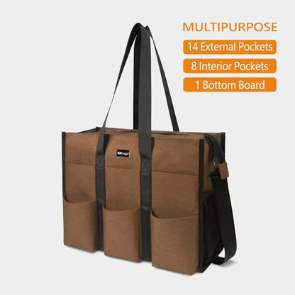TOPDesign Utility Water Resistant Tote Bag with 22 Pockets, Zipper Closure - color: Brown, size: Large