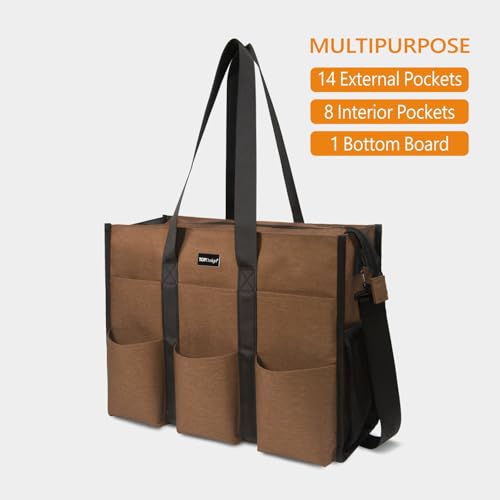TOPDesign Utility Water Resistant Tote Bag with 22 Pockets, Zipper Closure - color: Brown, size: Large