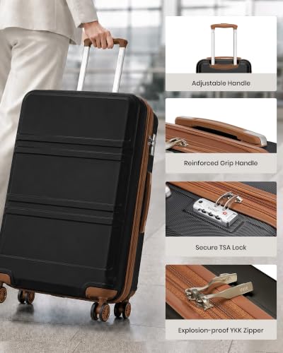 Kono 24 Inch Luggage Suitcase with Spinner Wheels TSA Lock - color: Apricot Black, size: 24-inch Medium-checked