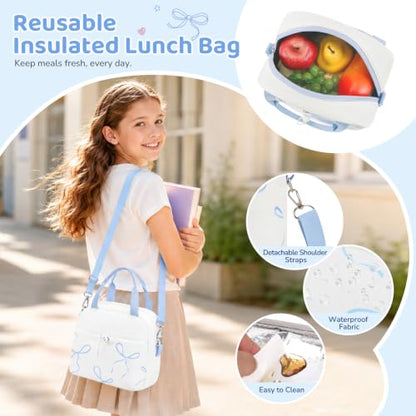 DIGOBAY Backpack for Girls, 5PCS School Bookbag with Lunch Box Pencil Case - color: White Blue Bow