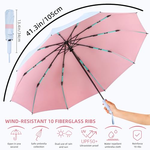 Folding Umbrella Anti-UV Compact Durable Folding Umbrella Auto Open Close Windproof Travel Umbrella Premium Grip Fits Backpack - color: Sky Blue