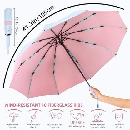 Folding Umbrella Anti-UV Compact Durable Folding Umbrella Auto Open Close Windproof Travel Umbrella Premium Grip Fits Backpack - color: Sky Blue