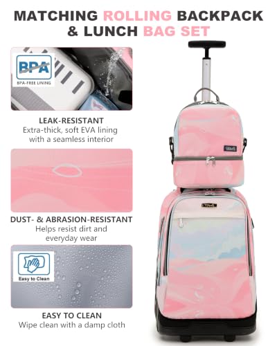 NEW TILAMI 19 Inch Rolling Backpack with Lunch Bag School, Pink - color: Pink