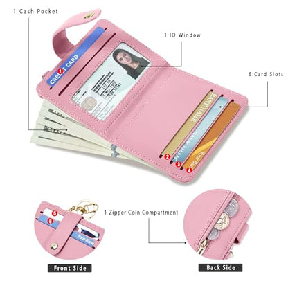 Airkit Small Wallet Women RFID, PU Leather Card Holder with Keychain - color: Pink