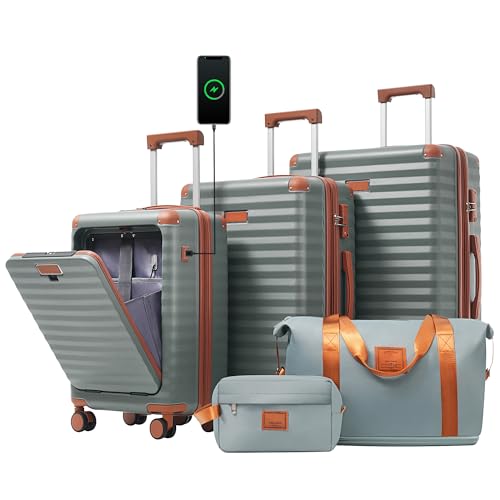 5 Piece Luggage Set, Front Opening Expandable ABS Suitcase with USB Port TSA Lock, 20/24/28 Inch Carry On Luggage Set with Toiletry Bag & Attachable Duffel Bag, Grey Green - color: N + Grey Green