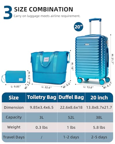 LARVENDER Expandable Carry on Luggage Suitcase with Wheels, Ocean Breeze - color: Ocean Breeze, size: 3 Piece Set (20/DB/TB)