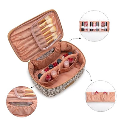 Wrangler Travel Makeup Bag 2pcs Set Cosmetic Bag with Makeup Brush Holder - color: Leopard-Khaki