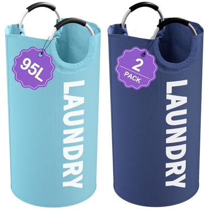 2Pcs 95L Large Clothes Hampers, Foldable Laundry Basket with Handles - color: Blue + Navy Blue, size: L-95L