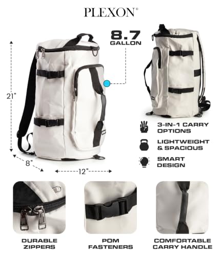 Plexon 2 in 1 Travel Duffle Bag Backpack 8.7 Gall for Sport Workout - color: Off-White