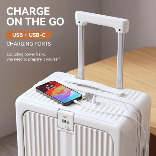 20Inch Carry On Luggage with Front Pocket and Cup Holder, White - color: White-SK, size: 20 Inch