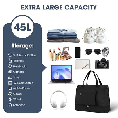 Women's Weekender bag Travel Duffel Bag with Shoe Compartment 21-inch Airline-Approved Carry-On, 2-Piece Overnight Bag Set Personal Item Luggage - color: SR-1-black
