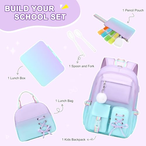 Scothen 4Pcs Backpacks for Girls with 44oz Lunch Box & Lunch Bag - color: Purple Blue