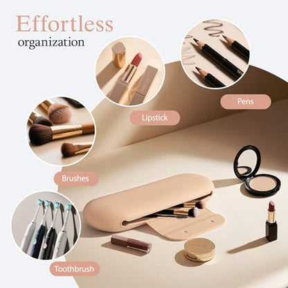Silicone Makeup Brush Holder Set – Portable Travel Makeup Brush Holder with Makeup Sponge Holder and Foldable Cleaning Bowl – Upgraded 3-in-1 Cosmetic Organizer Set (khaki) - color: khaki