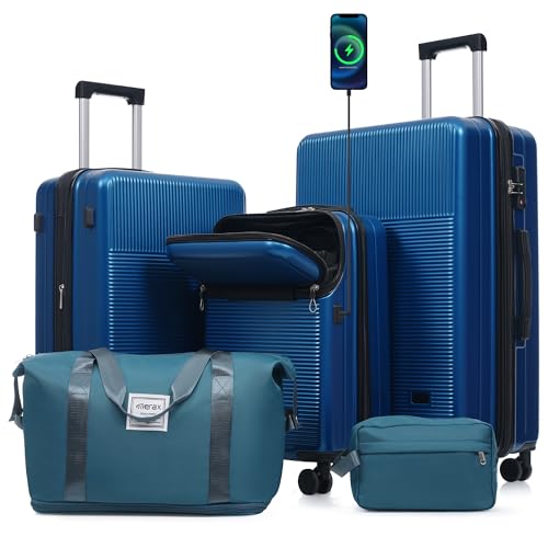 Merax Luggage Sets 5 Piece with Half-opening Hardside Suitcase Set - color: Blue, style: Luggage Set With Top Open 20