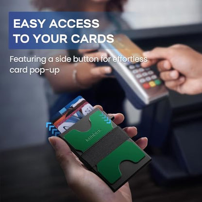 RUNBOX Slim Wallet for Men, RFID Aluminum Pop-Up Card Holder for 12 Cards - color: Forest Green